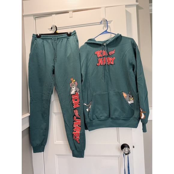 Looney Toons Pants - Tom and Jerry Graphic Hoodie & Joggers Set Teal Green Two Piece Tracksuit Size M
